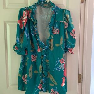 Turquoise high collar short sleeve blouse